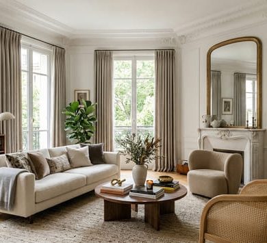 Salon élégant avec carrelage et moulure en staff