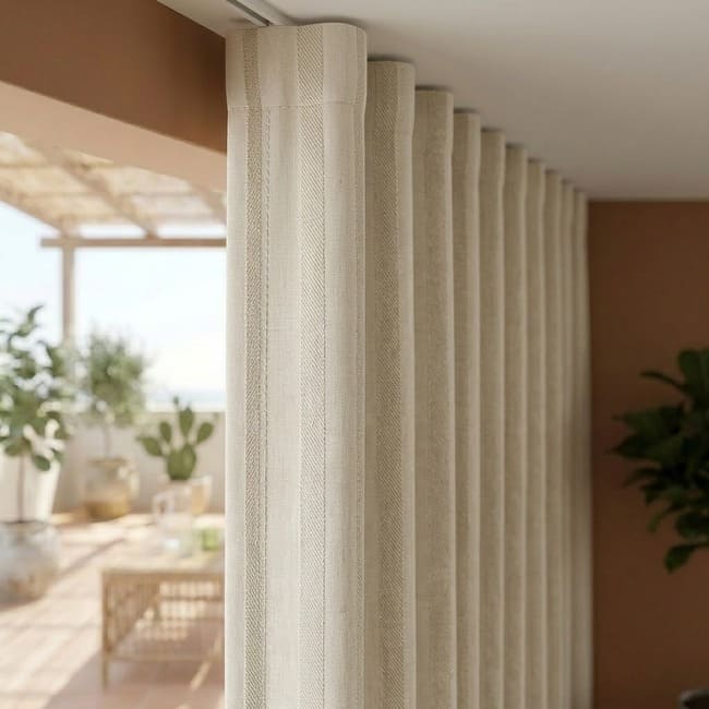 Rideau confectionné avec le tissu Sagres posé au plafond