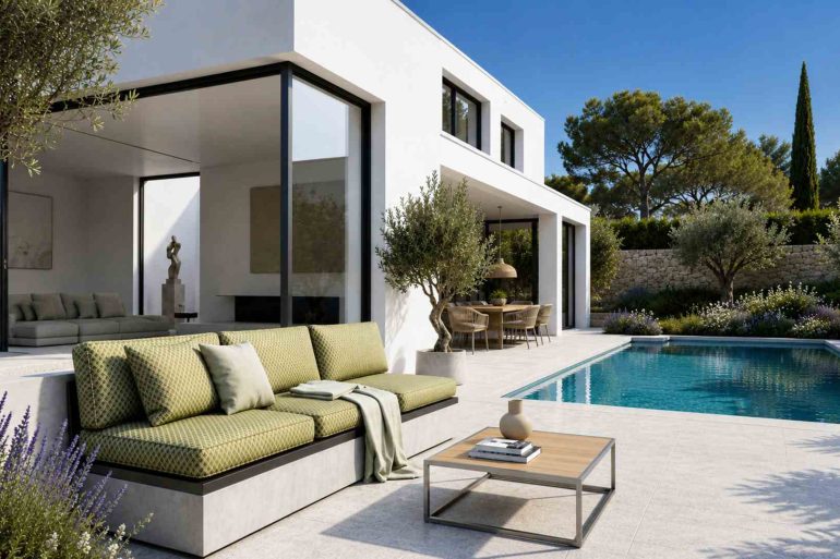 Banquette Matcha Lombok au bord de la piscine