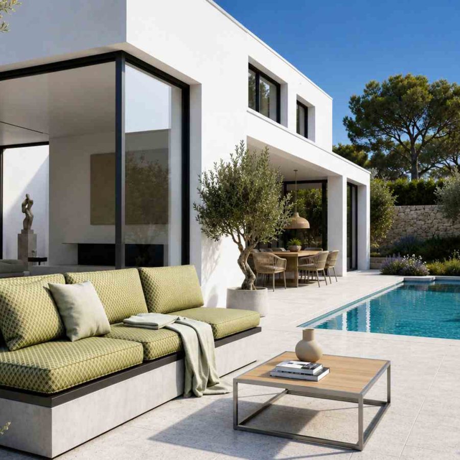 Banquette Matcha Lombok au bord de la piscine