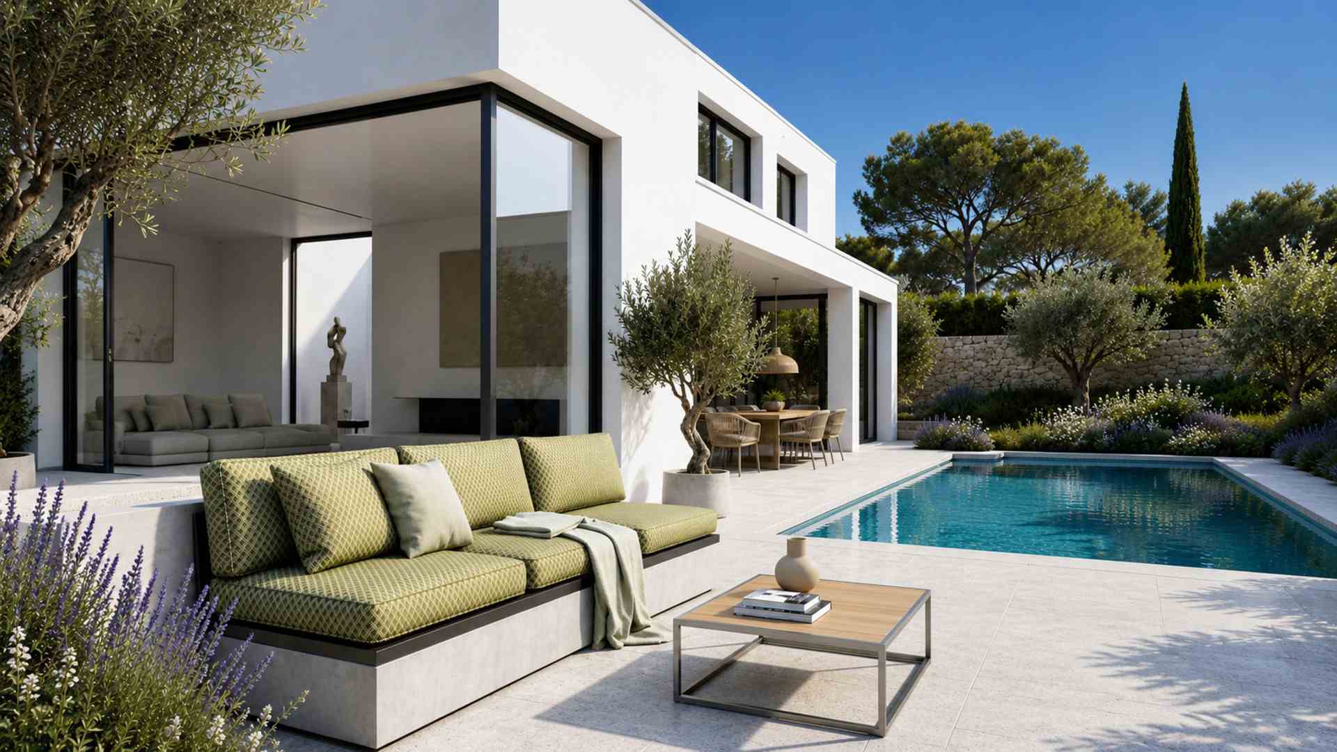 Banquette Matcha Lombok au bord de la piscine
